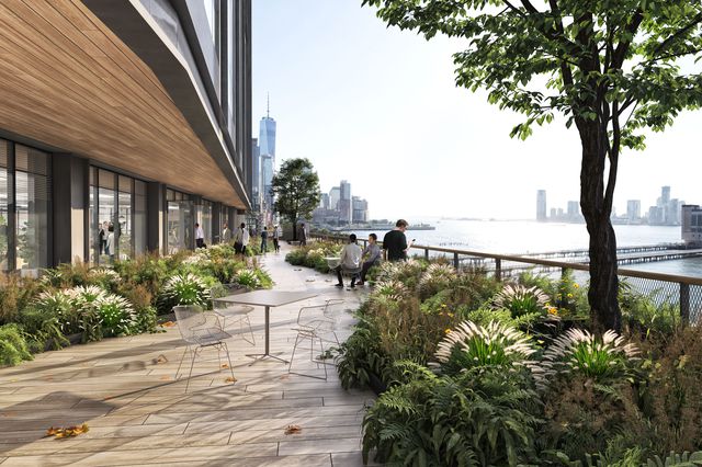 A rendering of the fourth-floor terrace of the new Google headquarters looking west over the Hudson River.